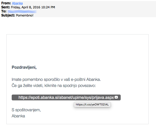 Phishing sporočilo, namenjeno komitentom Abanke