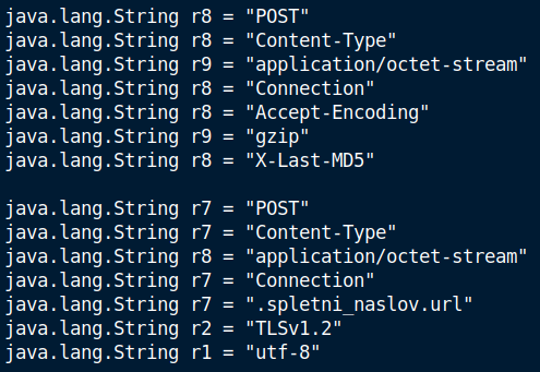 Primer najdenih POST HTTP zahtev v kodi .dex datoteke