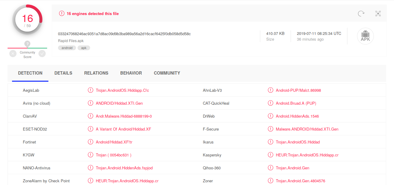 Zaznava s strani različnih AV programov (vir: https://www.virustotal.com/)