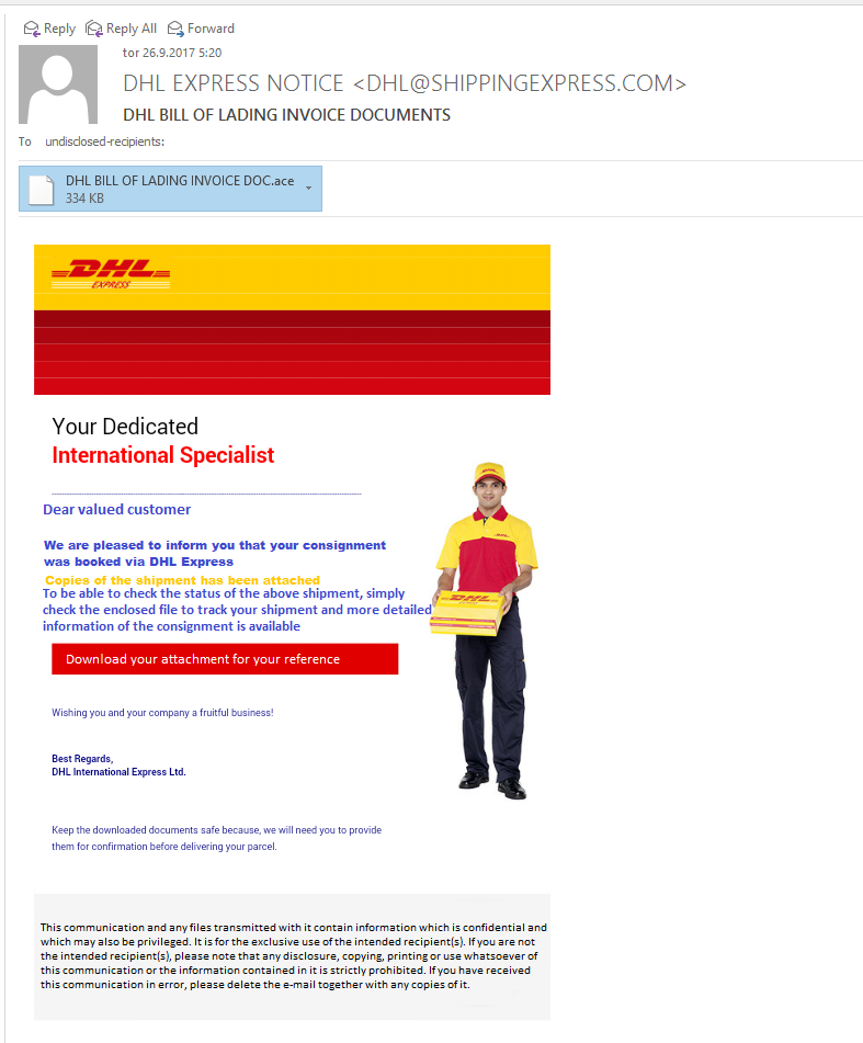 Lažno sporočilo v imenu DHL s priponko, ki vsebuje trojanskega konja vrste Pony