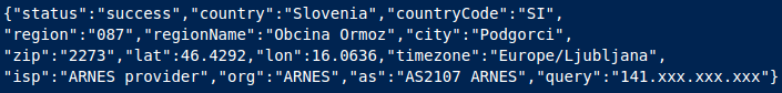 Podatki, ki jih prejme v odgovoru strežnika http://ip-api.Com/json/