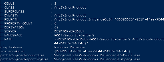 Primer izpisa pri uporabi AntiVirusProduct v powershell