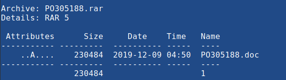 Izpis vsebine z ukazom $unrar l PO305188.rar