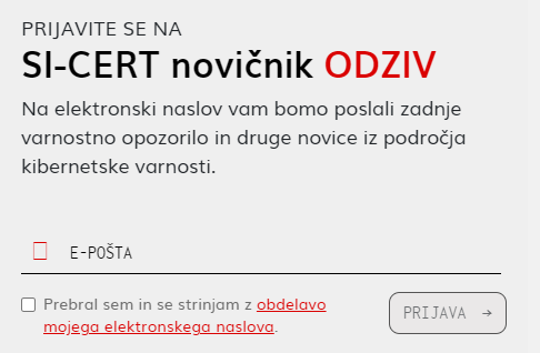 Prijavno okno za e-novičnik Odziv