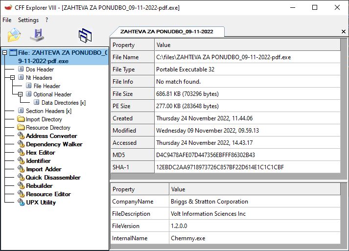 File name, File Type, File Info, File Size, PE Size, Created, Modified, MD5, SHA1