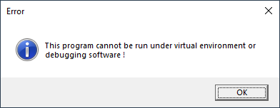 Slika prikazuje windows okno z napako: This program cannot be run under virtual environment or debugging software