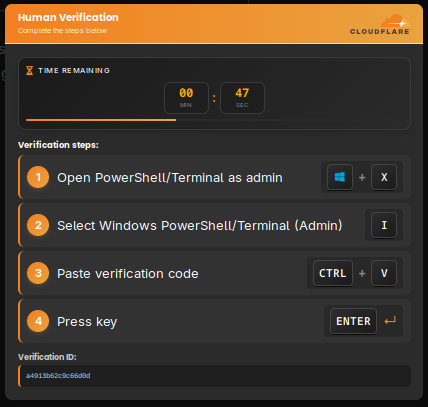 Open PowerShell/Terminal as admin WIN+x; Select Winodws PowerShell/Terminal (Admin), Paste verification code CTRL+V, Press key ENTER