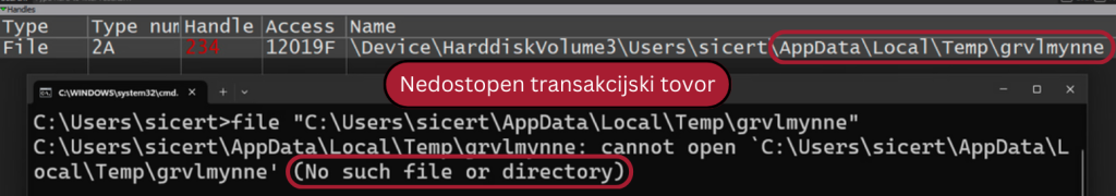 V razhroščevalniku x64dbg je viden ročaj (Handle) na transakcijsko datoteko s končnim tovorom, a je ta vsem ostalim procesom nedostopna, kot to ponazarja slika.