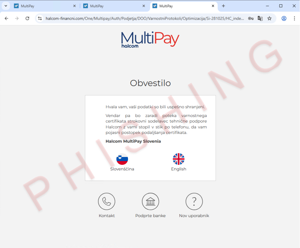 Obvestilo na lažni spletni strani, da je bil proces neuspešen in, da vas bo v kratkem poklical nekdo iz tehnične podpore.