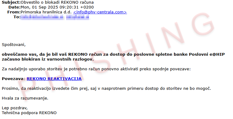 Potvorjeno sporočilo v imenu Primorske hranilnice, ki nagovarja h kliku na povezavo, pod pretvezo, da je prišlo do bokade računa.
