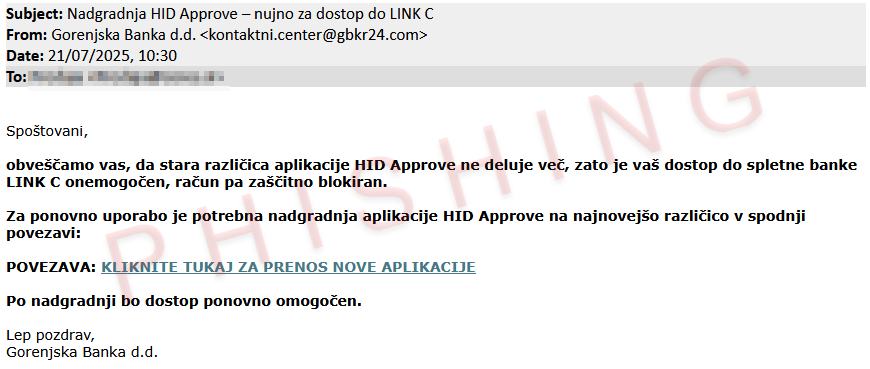 Potvorjeno sporočilo v imenu Gorenjske banke, ki nagovarja h kliku na povezavo.