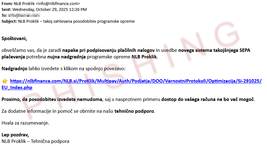 Potvorjeno sporočilo v imenu NLB, ki nagovarja h kliku na povezavo, pod pretvezo, da je potrebno posodobiti podatke.