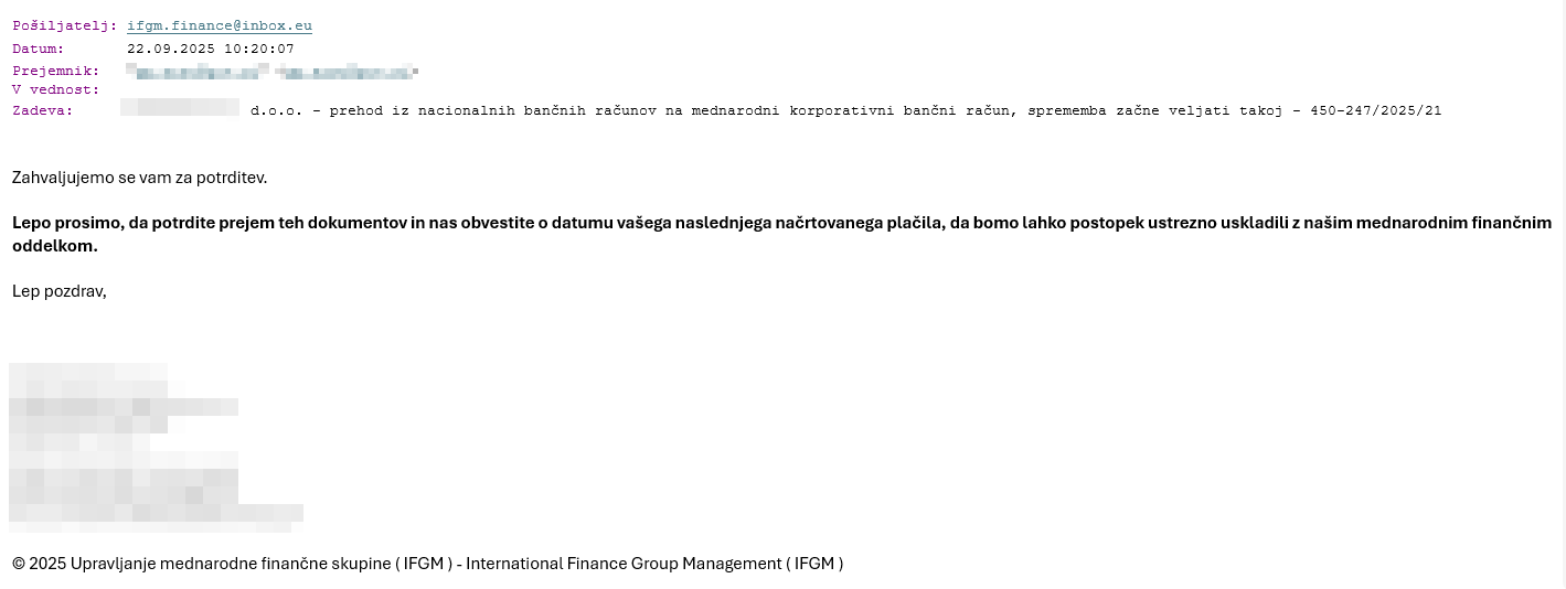 Primer potvorjenega elektronskega sporočila, ki ga napadelec naslovi na računovodstvo.