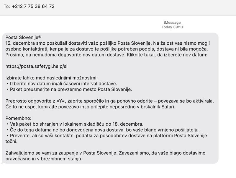 Lažno iMessage sporočilo v imenu Pošte Slovenija, ki nagovarja h kliku na povezavo
