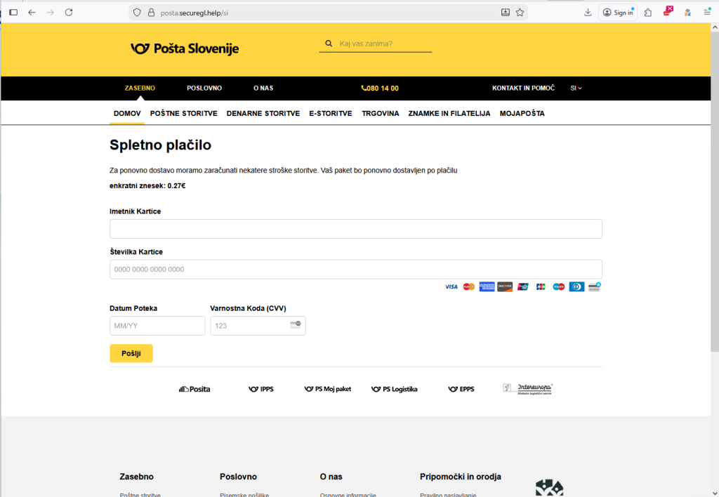 Lažna spletna stran, ki zahteva vpis podatkov bančne kartice