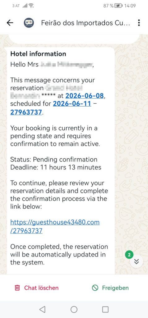Hello Mrs. Name, Surname, this message concerns your reservation at Hotel... Your booking is currently in pending state. Complete your reservation via the link below