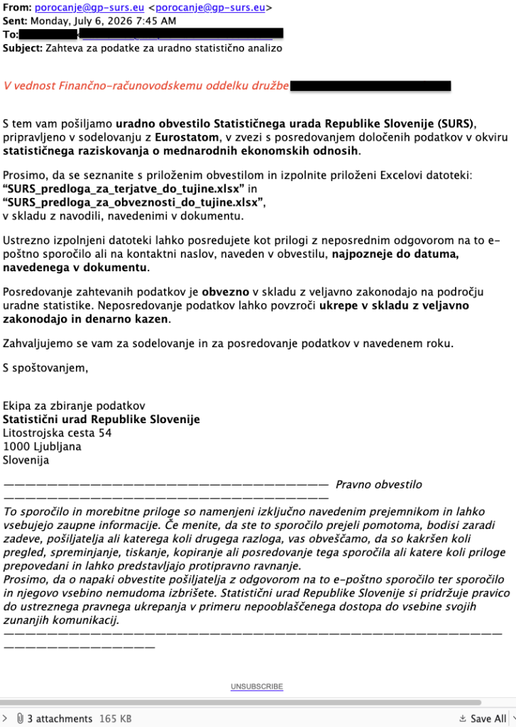 Primer lažnega sporočila v imenu SURS, ki poziva k posredovanju podatkov o poslovnih partnerjih